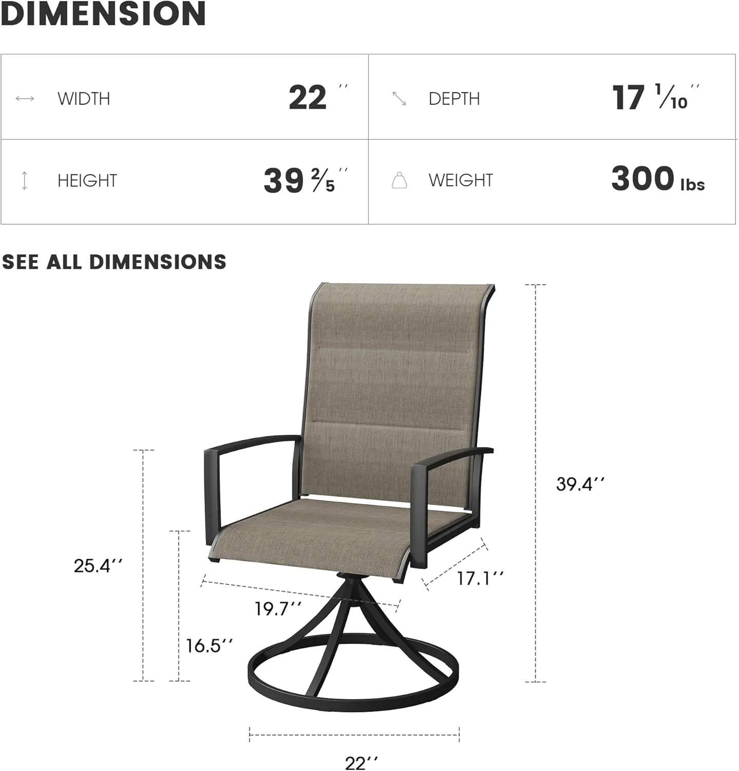 Patio Swivel Dining Chairs Set of 2, Outdoor Padded Textilene Rocking Chairs with High Back, Armrests, Outdoor Metal Frame Patio Chairs for Porch, Lawn, Garden, Deck, Brown Fabric