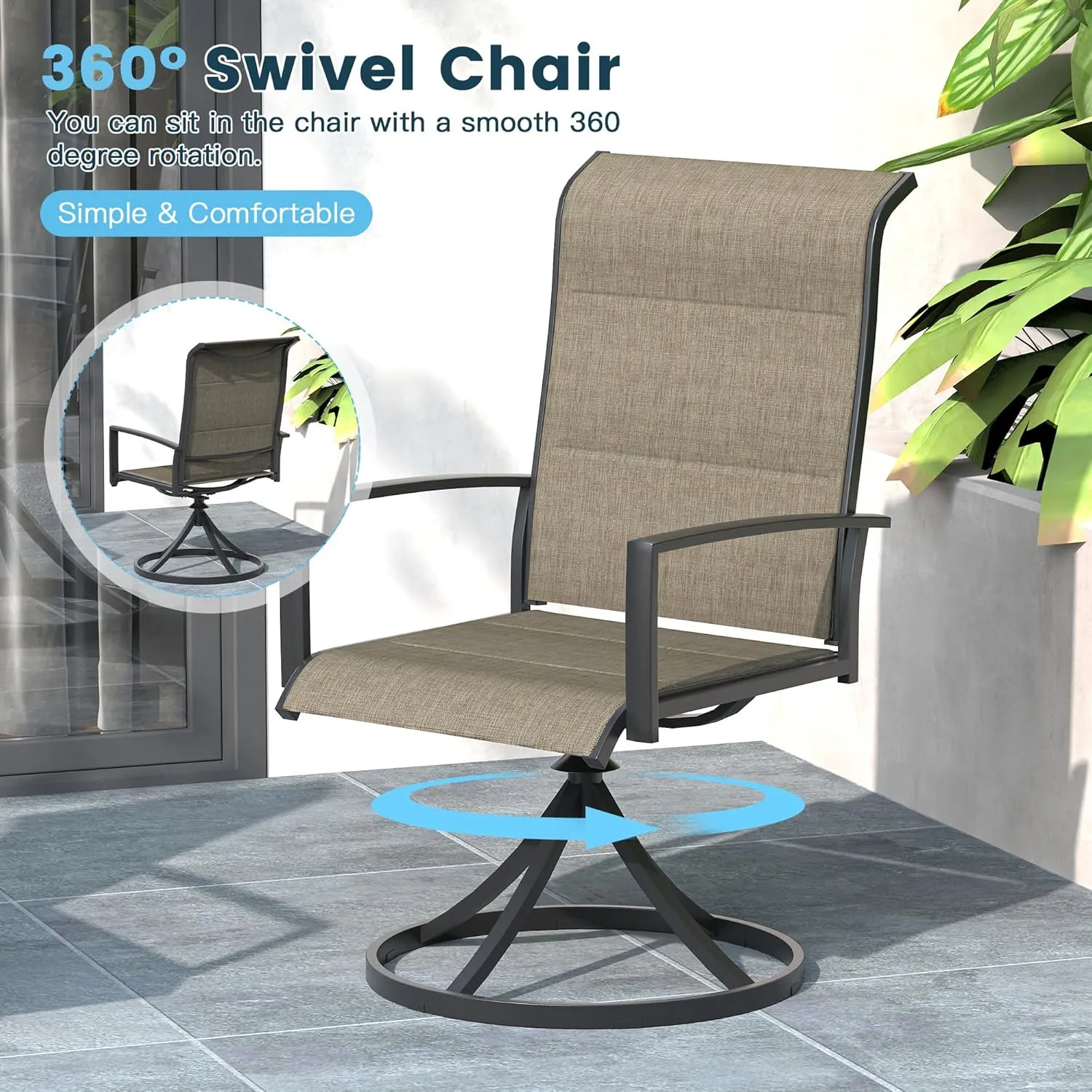 Patio Swivel Dining Chairs Set of 2, Outdoor Padded Textilene Rocking Chairs with High Back, Armrests, Outdoor Metal Frame Patio Chairs for Porch, Lawn, Garden, Deck, Brown Fabric