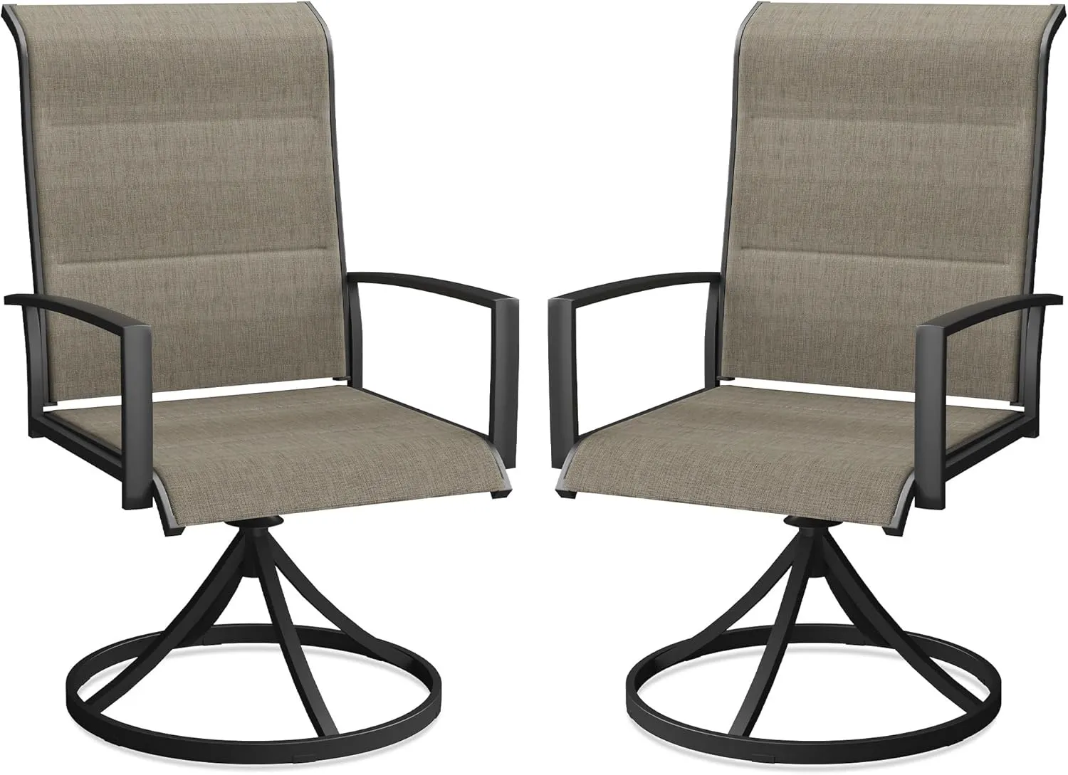 Patio Swivel Dining Chairs Set of 2, Outdoor Padded Textilene Rocking Chairs with High Back, Armrests, Outdoor Metal Frame Patio Chairs for Porch, Lawn, Garden, Deck, Brown Fabric