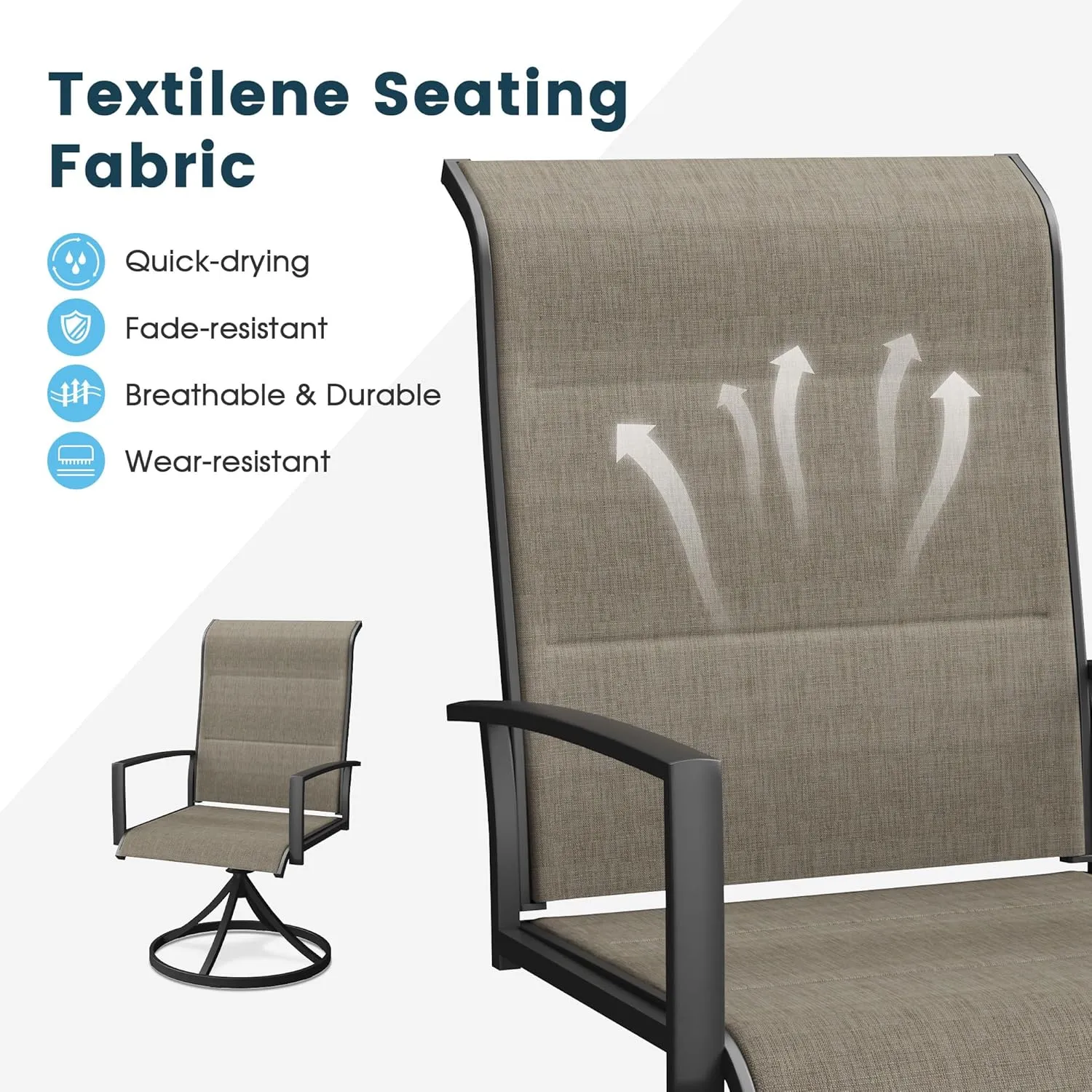 Patio Swivel Dining Chairs Set of 2, Outdoor Padded Textilene Rocking Chairs with High Back, Armrests, Outdoor Metal Frame Patio Chairs for Porch, Lawn, Garden, Deck, Brown Fabric