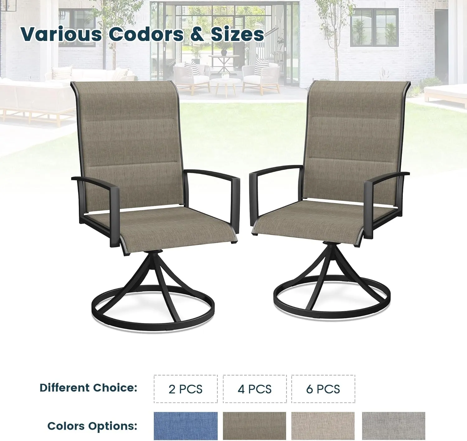 Patio Swivel Dining Chairs Set of 2, Outdoor Padded Textilene Rocking Chairs with High Back, Armrests, Outdoor Metal Frame Patio Chairs for Porch, Lawn, Garden, Deck, Brown Fabric