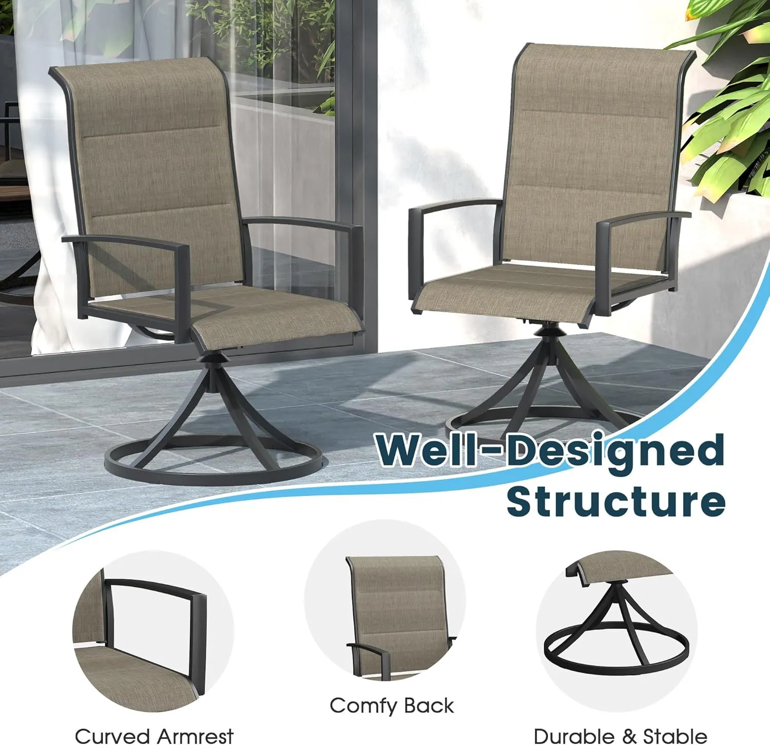 Patio Swivel Dining Chairs Set of 2, Outdoor Padded Textilene Rocking Chairs with High Back, Armrests, Outdoor Metal Frame Patio Chairs for Porch, Lawn, Garden, Deck, Brown Fabric