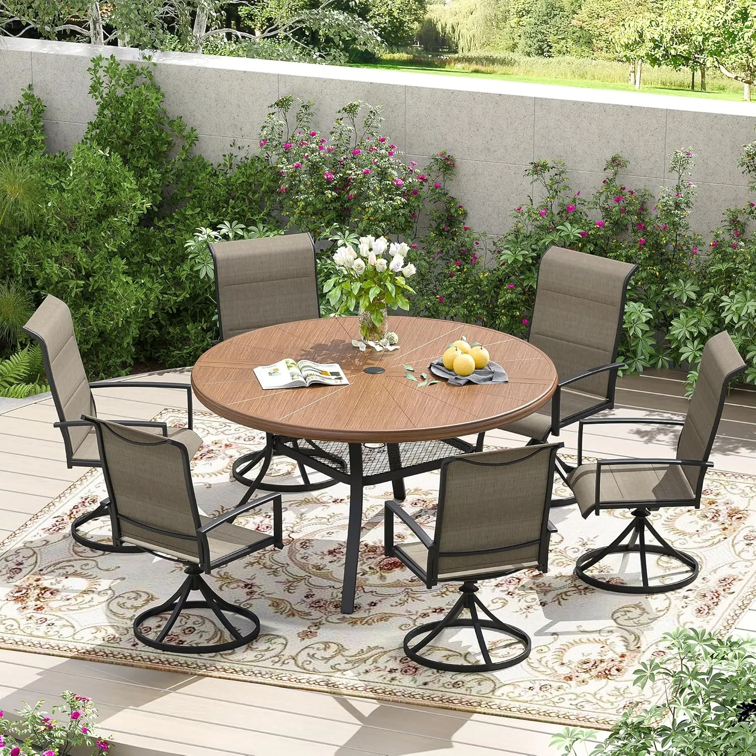 Patio Swivel Dining Chairs Set of 2, Outdoor Padded Textilene Rocking Chairs with High Back, Armrests, Outdoor Metal Frame Patio Chairs for Porch, Lawn, Garden, Deck, Brown Fabric