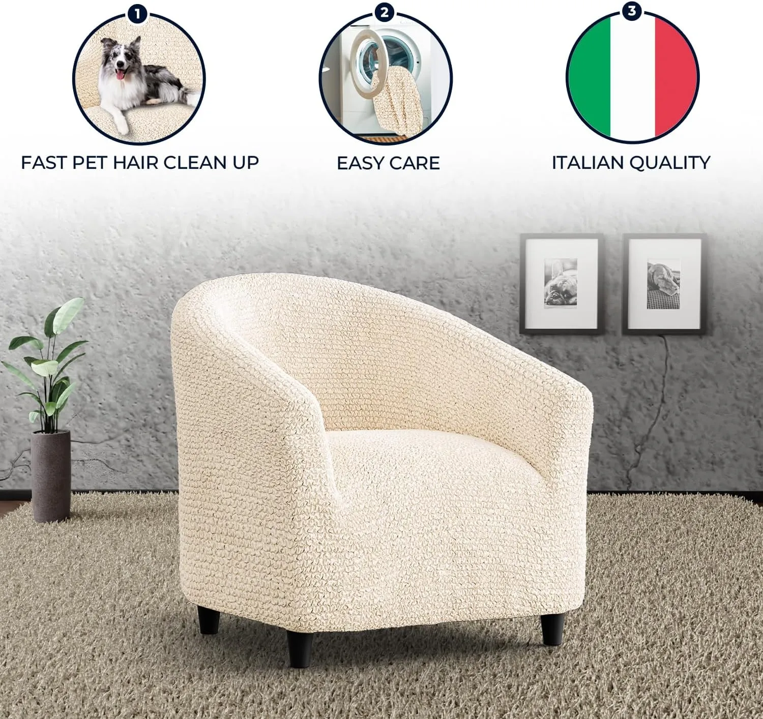 PAULATO BY GA.I.CO. Barrel Chair Slipcover - Armchair Cover - Tub Chair Slipcovers - Club Chairs Cover - 1-Piece Form Fit Stretch Stylish Furniture Protector - Microfibra Collection (Cream)