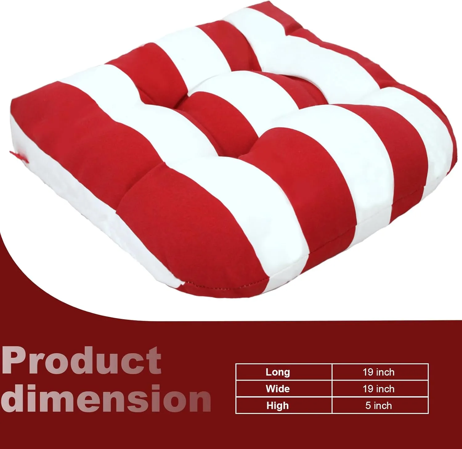 Pcinfuns Outdoor Seat Cushions,19"x19"x5" Thick Fill Tufted Cushions with Round Corner Patio Chair Pads,Water-Resistant Chair Cushion,Red White,Set of 2