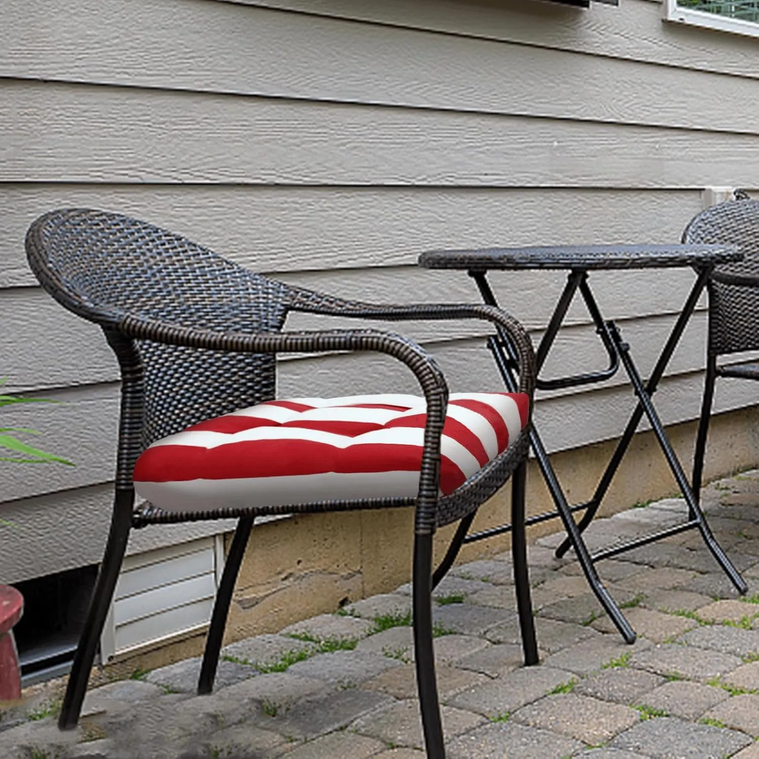 Pcinfuns Outdoor Seat Cushions,19"x19"x5" Thick Fill Tufted Cushions with Round Corner Patio Chair Pads,Water-Resistant Chair Cushion,Red White,Set of 2