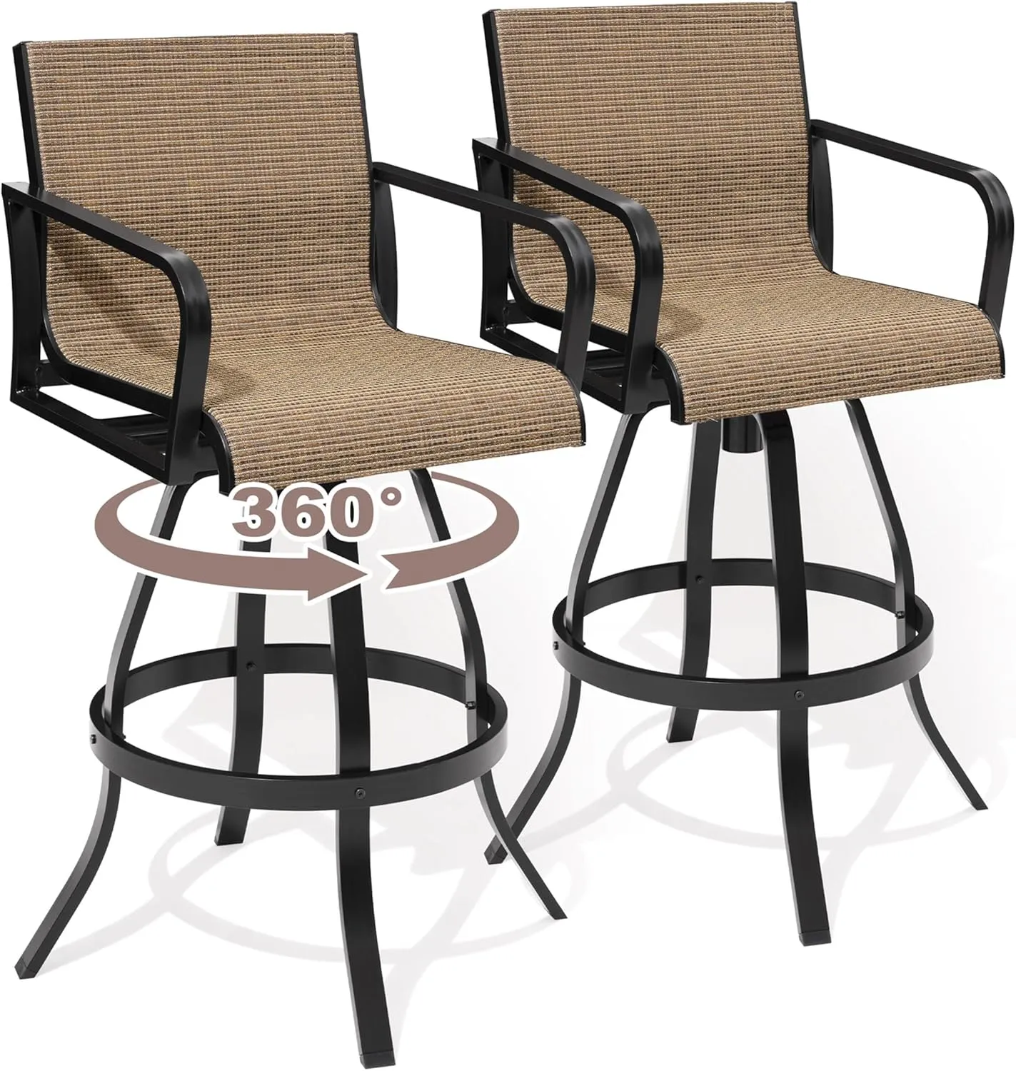 Pellebant 30" Outdoor Bar Stools Set of 2, Swivel Aluminum Barstools with Back & Arms, Rust-Proof Textilene Bar Height Chairs Set for Patio, Pool, Garden, Backyard, Brown