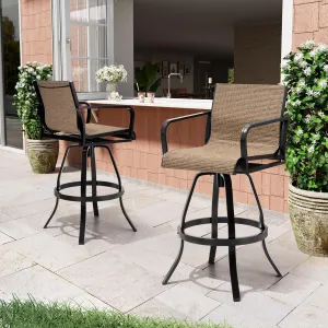Pellebant 30" Outdoor Bar Stools Set of 2, Swivel Aluminum Barstools with Back & Arms, Rust-Proof Textilene Bar Height Chairs Set for Patio, Pool, Garden, Backyard, Brown