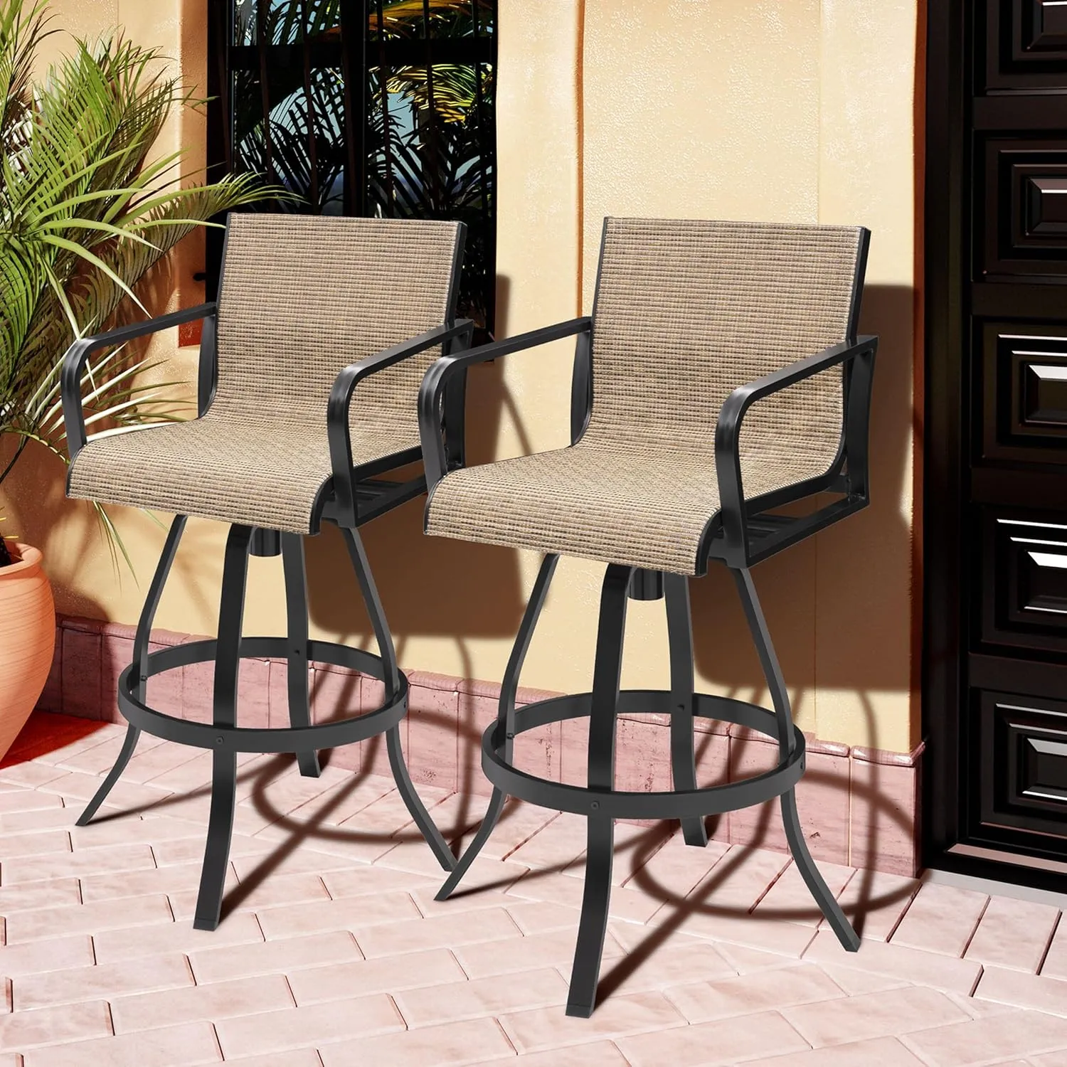 Pellebant 30" Outdoor Bar Stools Set of 2, Swivel Aluminum Barstools with Back & Arms, Rust-Proof Textilene Bar Height Chairs Set for Patio, Pool, Garden, Backyard, Brown
