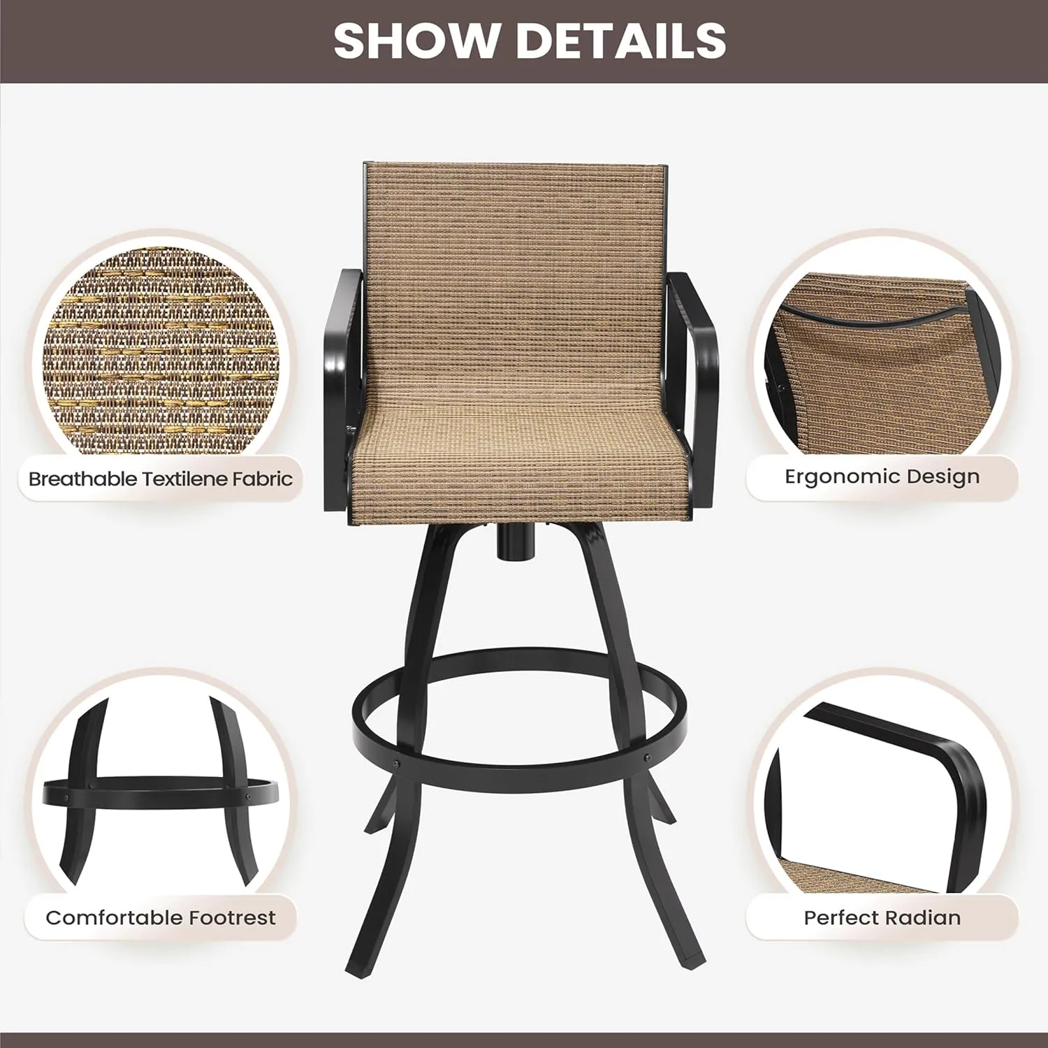 Pellebant 30" Outdoor Bar Stools Set of 2, Swivel Aluminum Barstools with Back & Arms, Rust-Proof Textilene Bar Height Chairs Set for Patio, Pool, Garden, Backyard, Brown