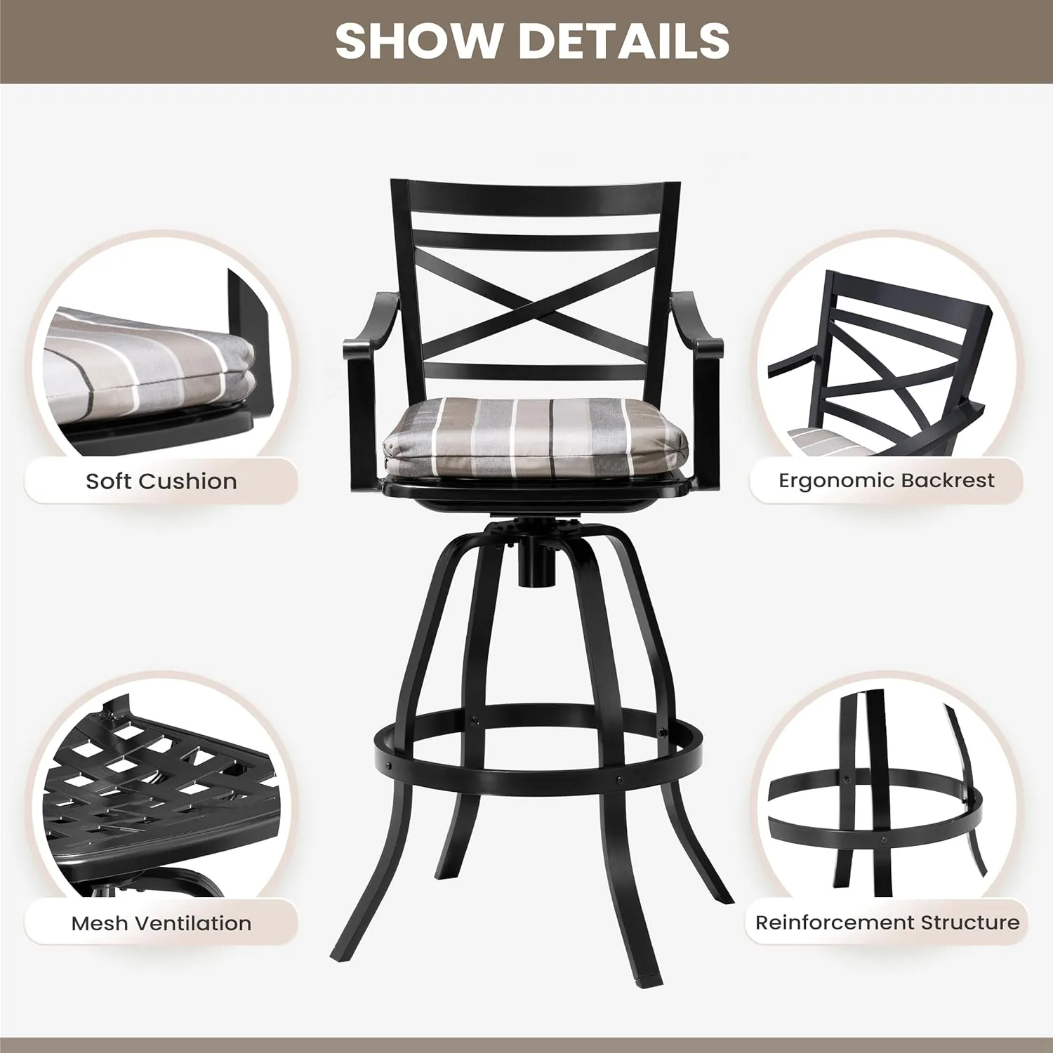 Pellebant 30" Sunbrella Outdoor Bar Stools Set of 8, Aluminum Swivel Patio Bar Height Bar Stools with Back & Footrest, for Deck Lawn Garden(Milano Char)