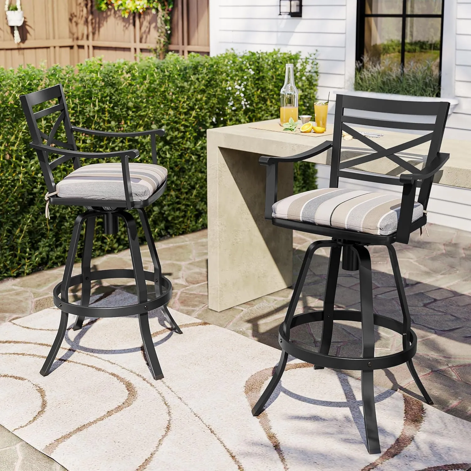 Pellebant 30" Sunbrella Outdoor Bar Stools Set of 8, Aluminum Swivel Patio Bar Height Bar Stools with Back & Footrest, for Deck Lawn Garden(Milano Char)