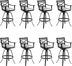 Pellebant 30" Sunbrella Outdoor Bar Stools Set of 8, Aluminum Swivel Patio Bar Height Bar Stools with Back & Footrest, for Deck Lawn Garden(Milano Char)