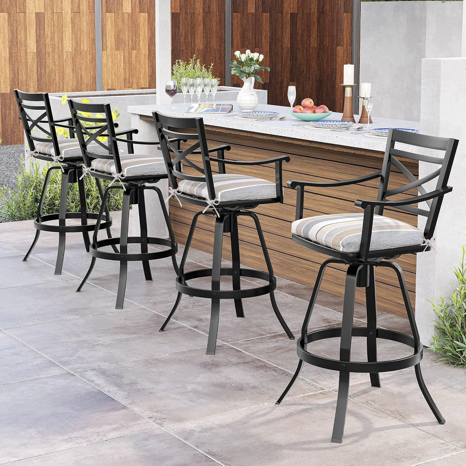 Pellebant 30" Sunbrella Outdoor Bar Stools Set of 8, Aluminum Swivel Patio Bar Height Bar Stools with Back & Footrest, for Deck Lawn Garden(Milano Char)