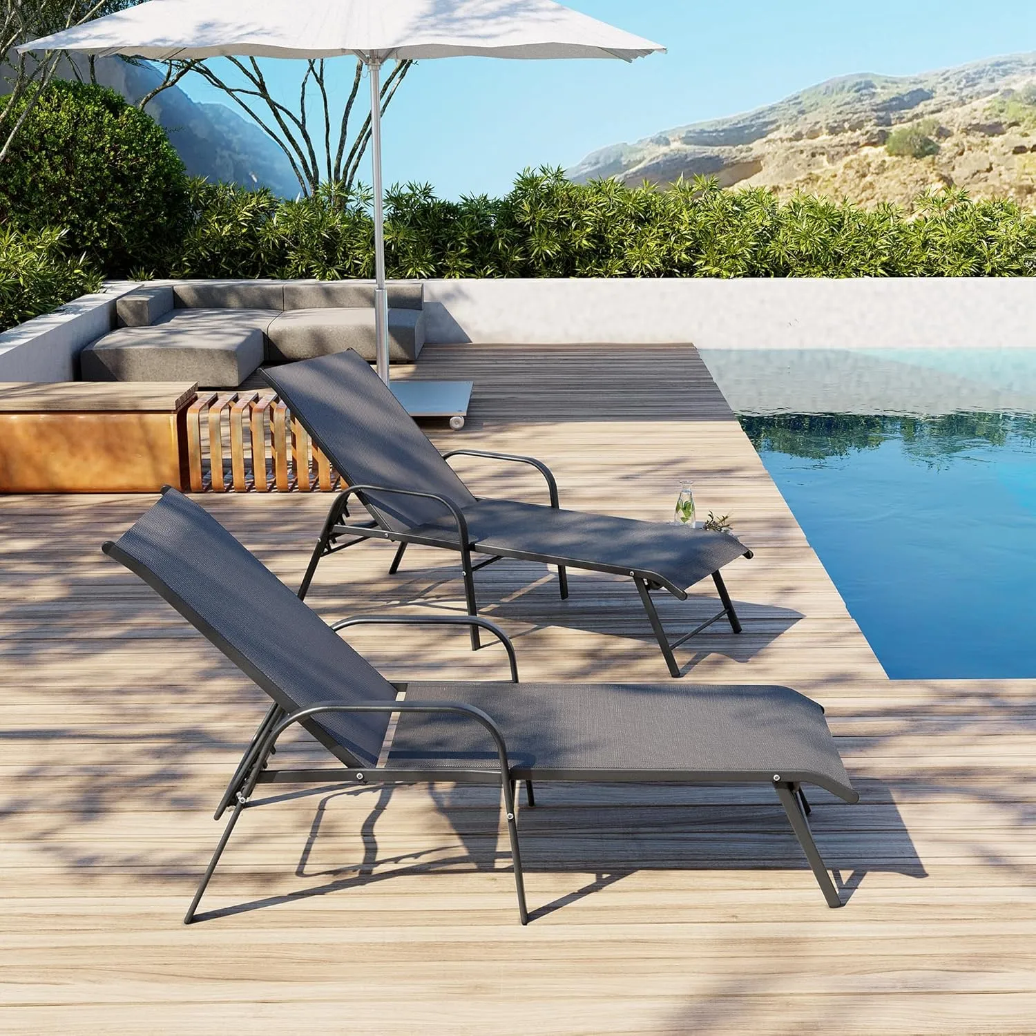 Pellebant Aluminum 2-Piece Patio Chair, Adjustable Recline with Armrest, Heavy Duty, for Pool, Lawn, Yard, Grey