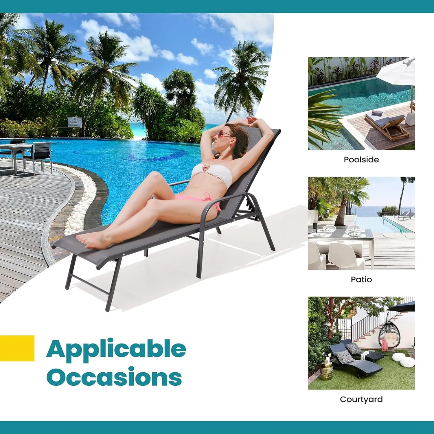 Pellebant Aluminum 2-Piece Patio Chair, Adjustable Recline with Armrest, Heavy Duty, for Pool, Lawn, Yard, Grey