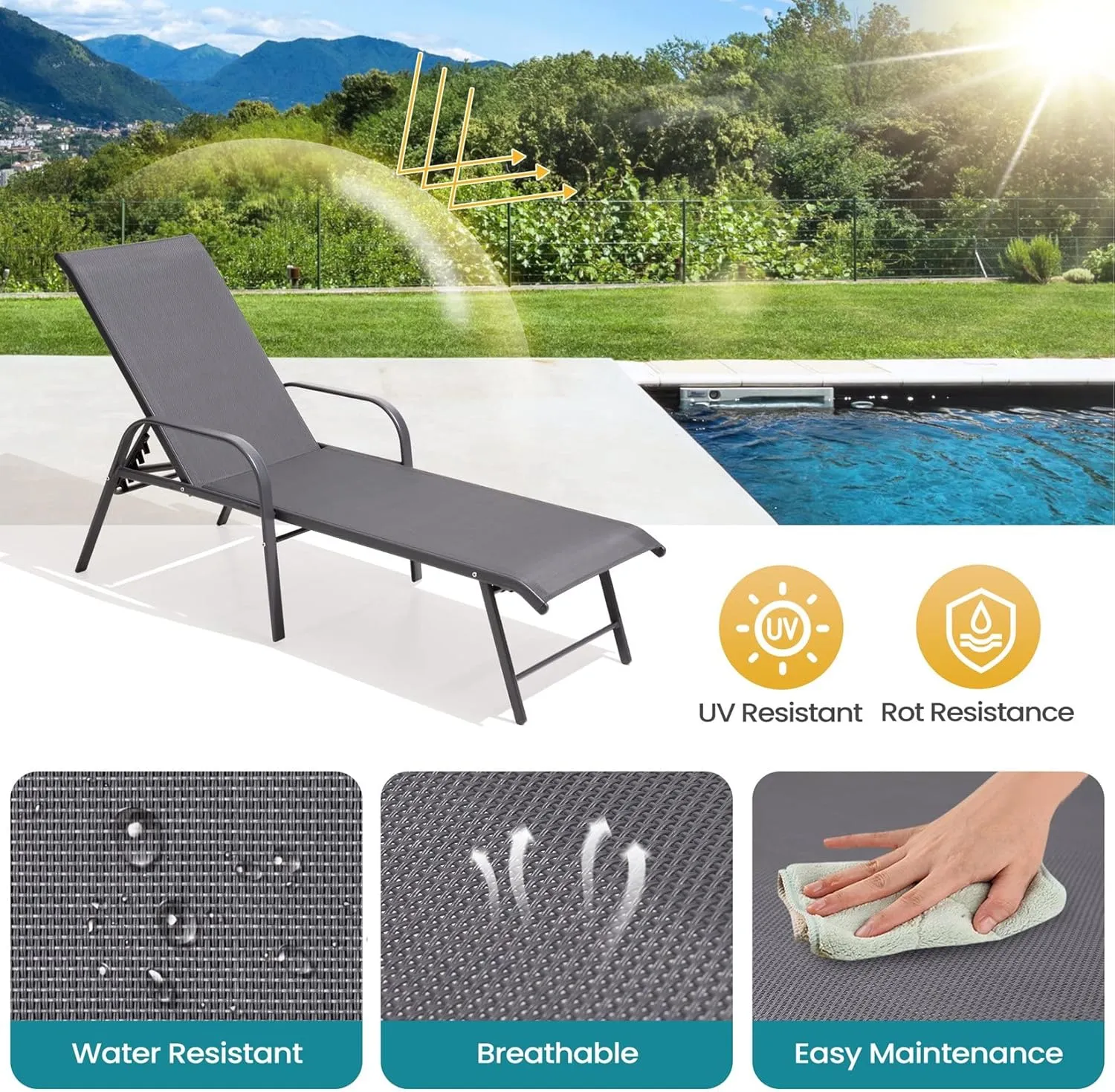 Pellebant Aluminum 2-Piece Patio Chair, Adjustable Recline with Armrest, Heavy Duty, for Pool, Lawn, Yard, Grey