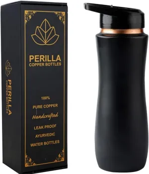 Perilla Home 100% Pure Copper Bottle For Drinking - With Sipper & Lid 25.37 Oz - Ayurvedic Water Bottle Multipurpose Bottle for Gym, Travelling, Outdoors, Indoors Leak Proof (Black)