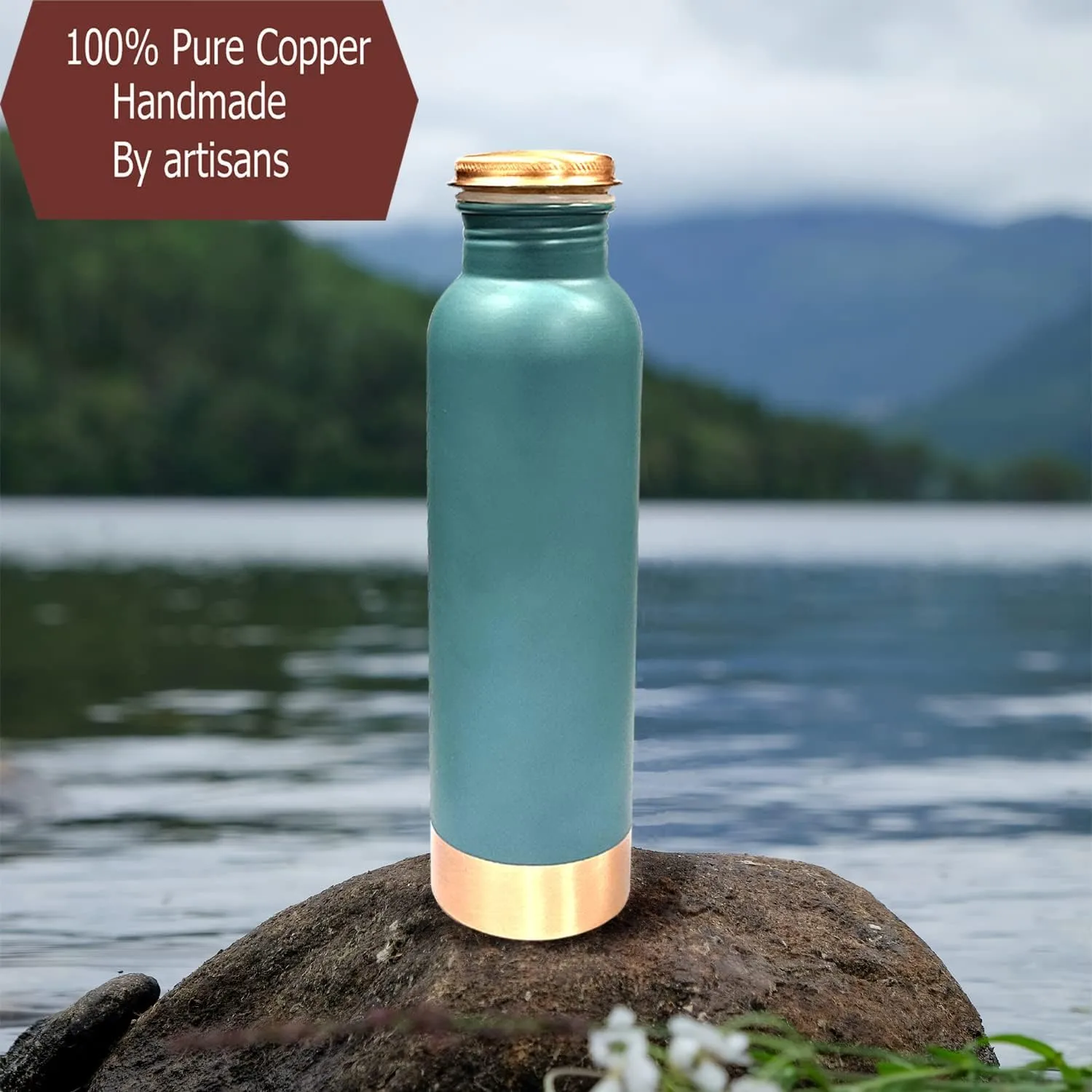 Perilla Home Copper Water Bottle 20.29 Oz Leak Proof 100% Pure - Ayurvedic Copper Vessel - Drink More Water And Enjoy The Health Benefits Immediately - For Gym,Yoga Bottle (Plain Pie Green)