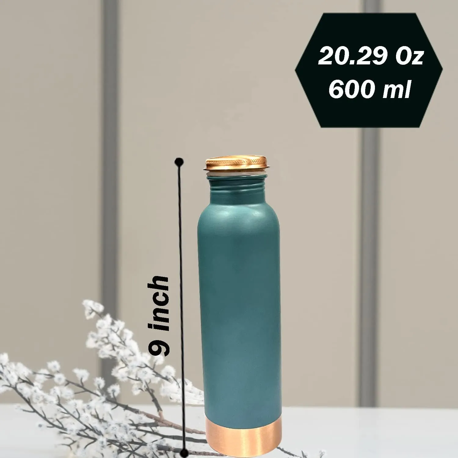 Perilla Home Copper Water Bottle 20.29 Oz Leak Proof 100% Pure - Ayurvedic Copper Vessel - Drink More Water And Enjoy The Health Benefits Immediately - For Gym,Yoga Bottle (Plain Pie Green)