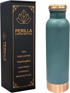 Perilla Home Copper Water Bottle 20.29 Oz Leak Proof 100% Pure - Ayurvedic Copper Vessel - Drink More Water And Enjoy The Health Benefits Immediately - For Gym,Yoga Bottle (Plain Pie Green)