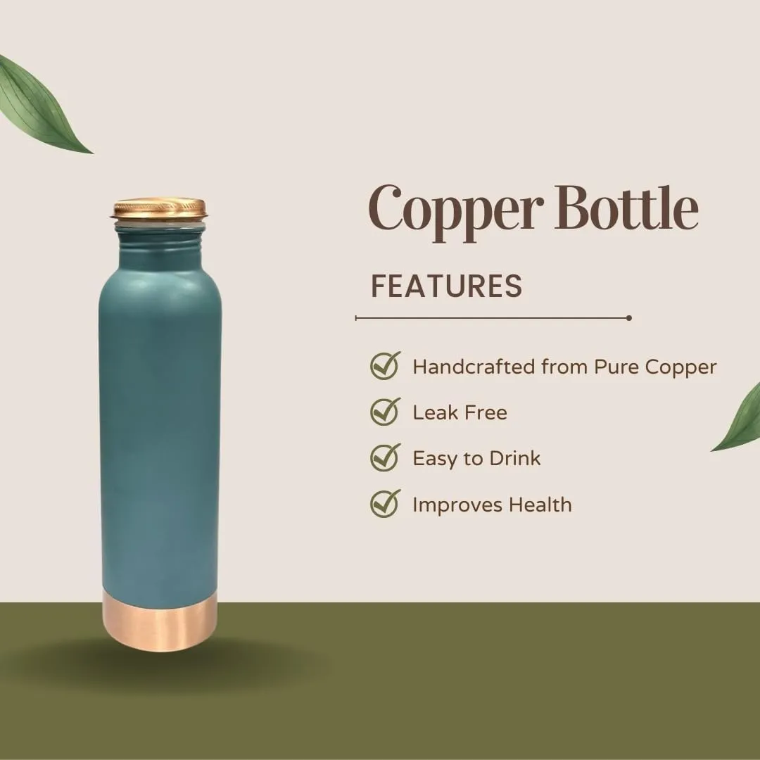 Perilla Home Copper Water Bottle 20.29 Oz Leak Proof 100% Pure - Ayurvedic Copper Vessel - Drink More Water And Enjoy The Health Benefits Immediately - For Gym,Yoga Bottle (Plain Pie Green)