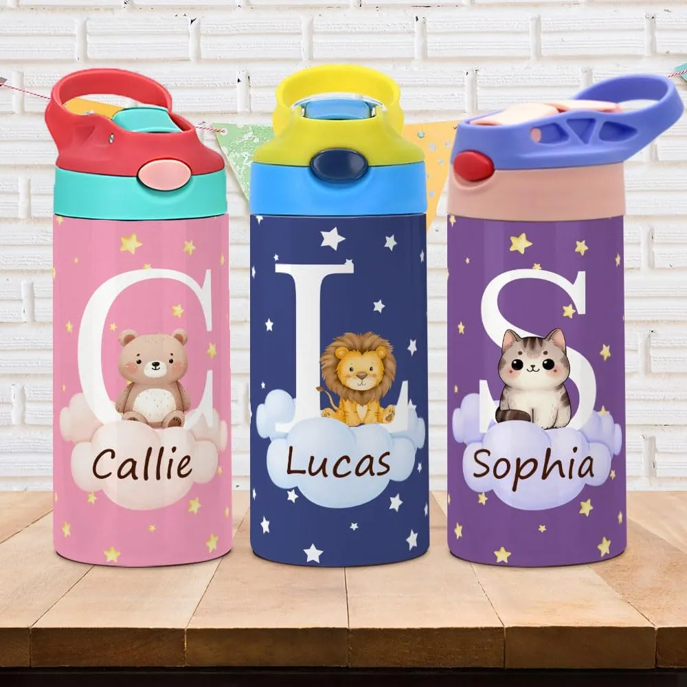 Personalized Initial Cute Forest Animal 12oz Insulated Water Bottle for Kids with Handle and Silicone Straw ﻿