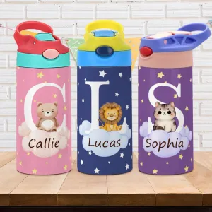 Personalized Initial Cute Forest Animal 12oz Insulated Water Bottle for Kids with Handle and Silicone Straw ﻿