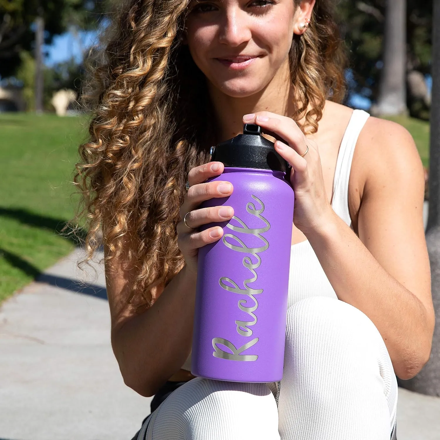 Personalized Water Bottle w Straw Lid Double Wall Insulated | 32 oz - 12 Font - Purple | 9 Color Custom Water Bottle w Name and Text, BPA Free - Non Sweat - Vacuum Insulated