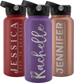 Personalized Water Bottle w Straw Lid Double Wall Insulated | 32 oz - 12 Font - Purple | 9 Color Custom Water Bottle w Name and Text, BPA Free - Non Sweat - Vacuum Insulated