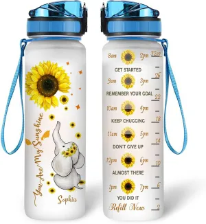 Personalized You Are My Sunshine Sunflower Elephant Inspiration 32oz 1Liter Motivational Water Bottle, Customized Name Tracking With Time Marker Gifts For Women Love Sunflower, Gifts For Birthday