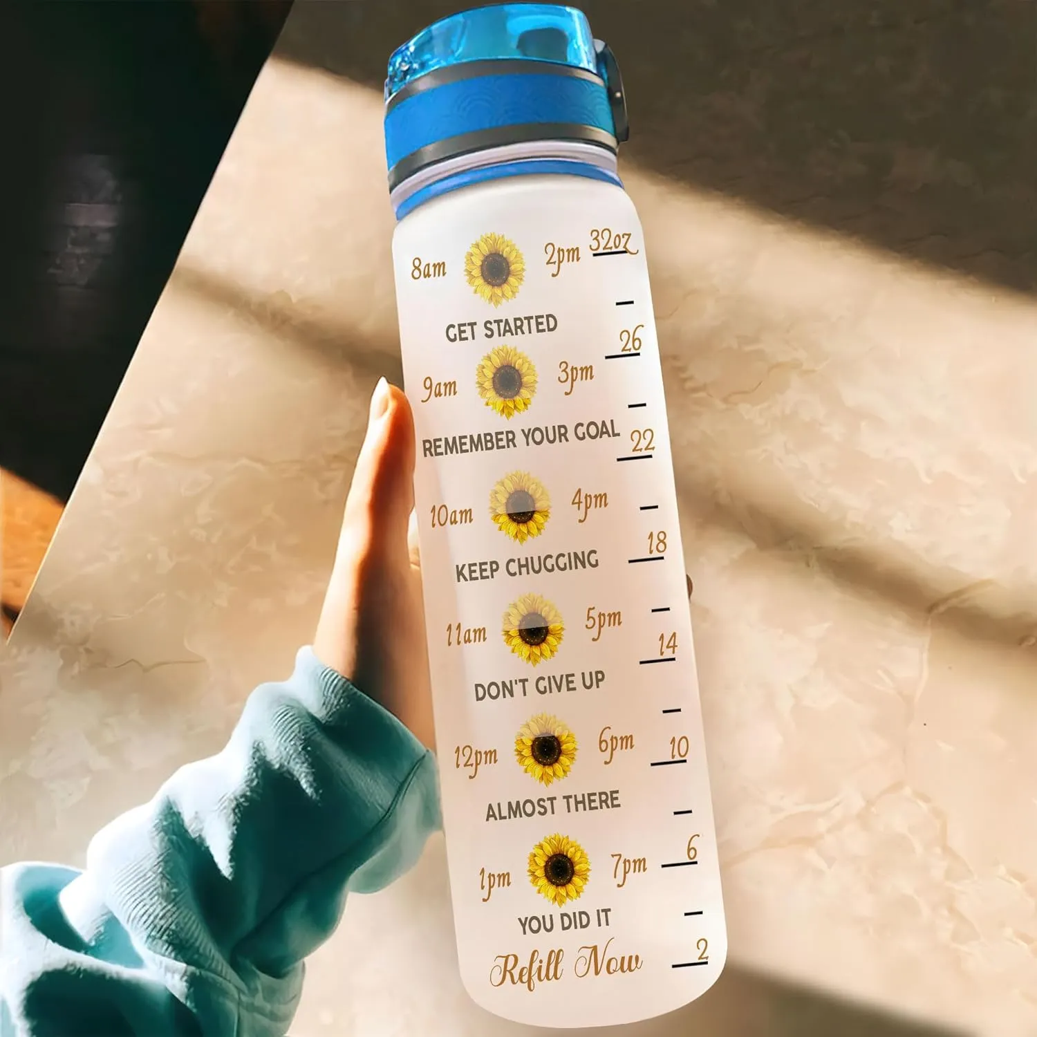 Personalized You Are My Sunshine Sunflower Elephant Inspiration 32oz 1Liter Motivational Water Bottle, Customized Name Tracking With Time Marker Gifts For Women Love Sunflower, Gifts For Birthday