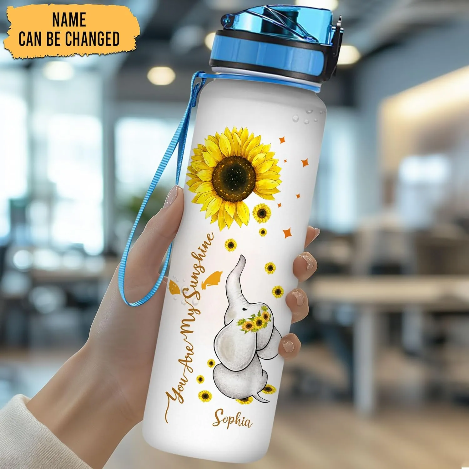 Personalized You Are My Sunshine Sunflower Elephant Inspiration 32oz 1Liter Motivational Water Bottle, Customized Name Tracking With Time Marker Gifts For Women Love Sunflower, Gifts For Birthday