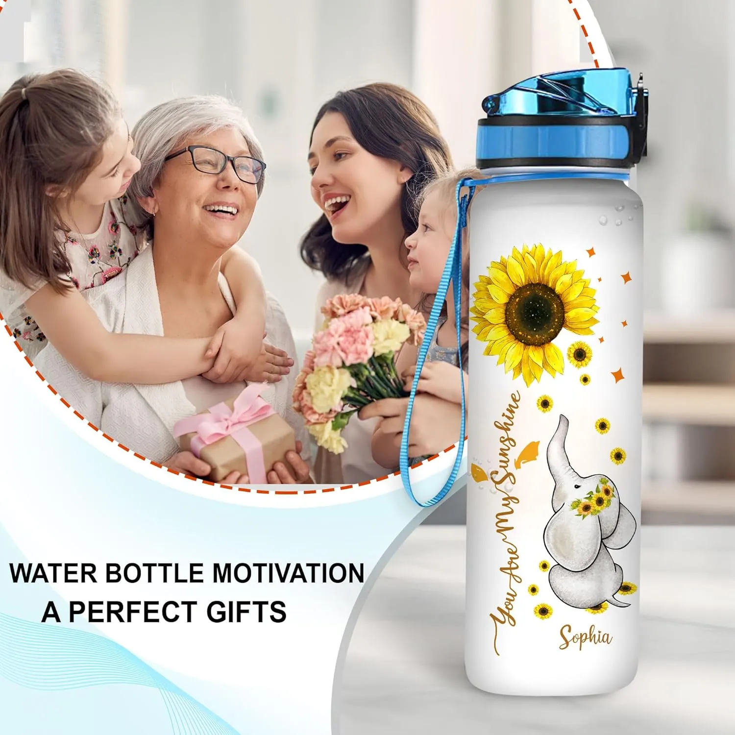 Personalized You Are My Sunshine Sunflower Elephant Inspiration 32oz 1Liter Motivational Water Bottle, Customized Name Tracking With Time Marker Gifts For Women Love Sunflower, Gifts For Birthday