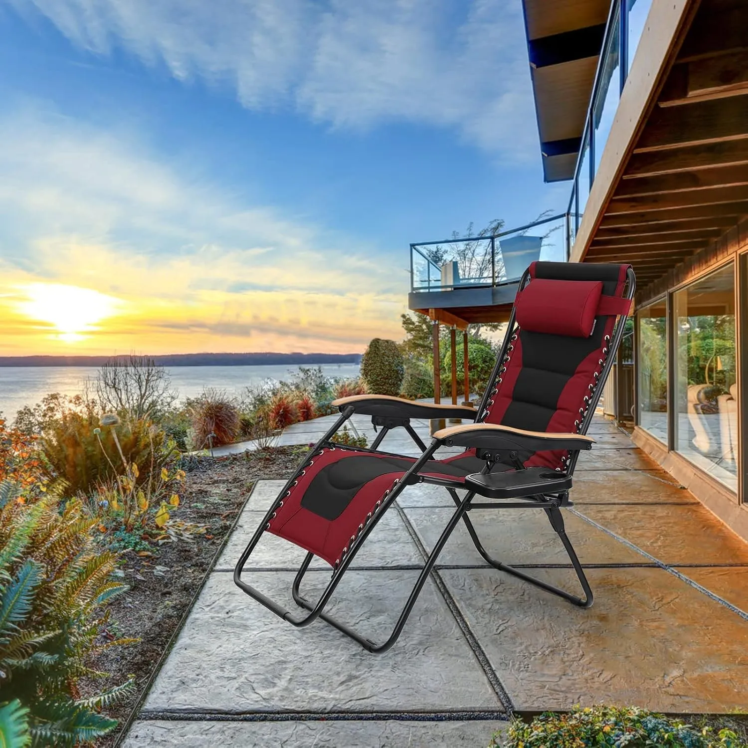 PHI VILLA XXL Oversized Padded Zero Gravity Chair, Foldable Patio Recliner, 30" Wide Seat Anti Gravity Lounger with Cup Holder, Set of 2, Support 400 LBS (Red)