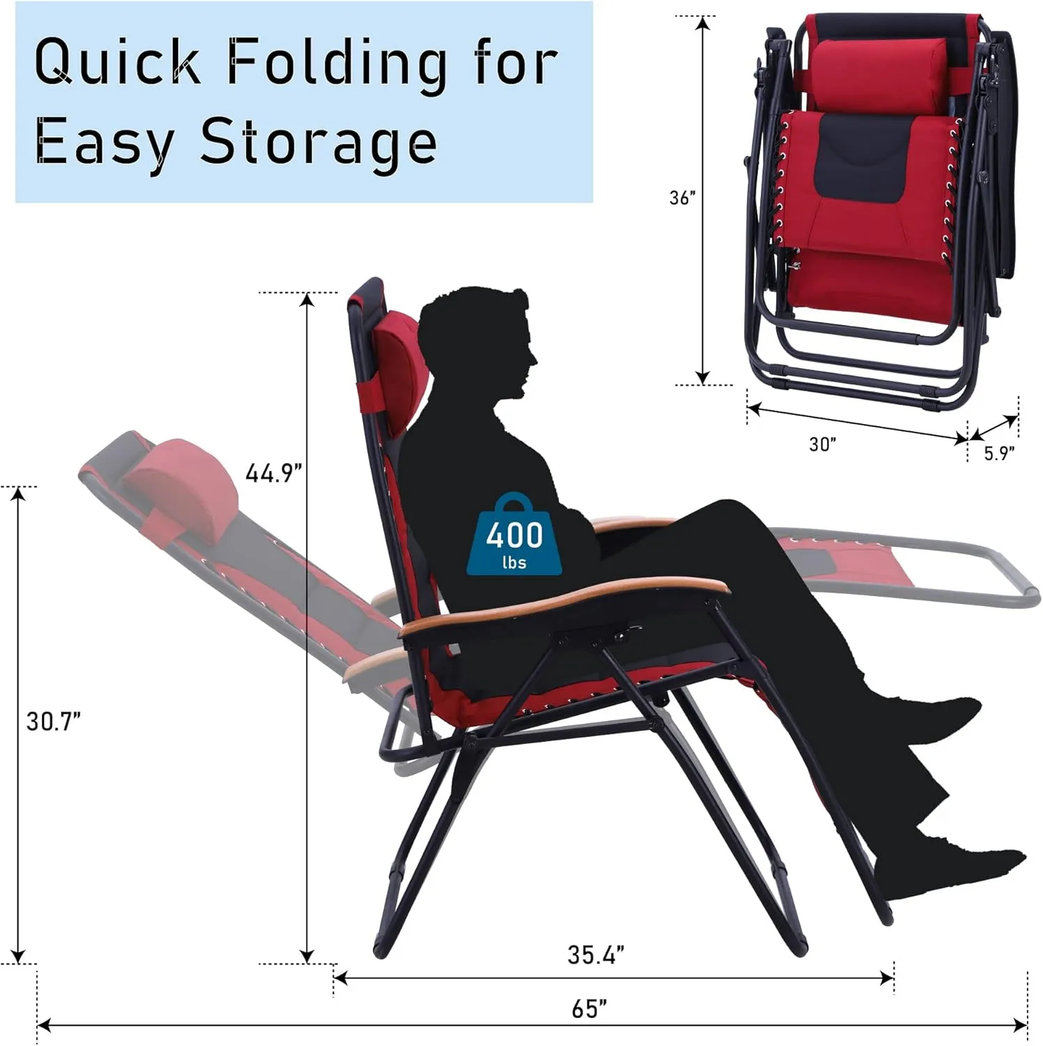 PHI VILLA XXL Oversized Padded Zero Gravity Chair, Foldable Patio Recliner, 30" Wide Seat Anti Gravity Lounger with Cup Holder, Set of 2, Support 400 LBS (Red)