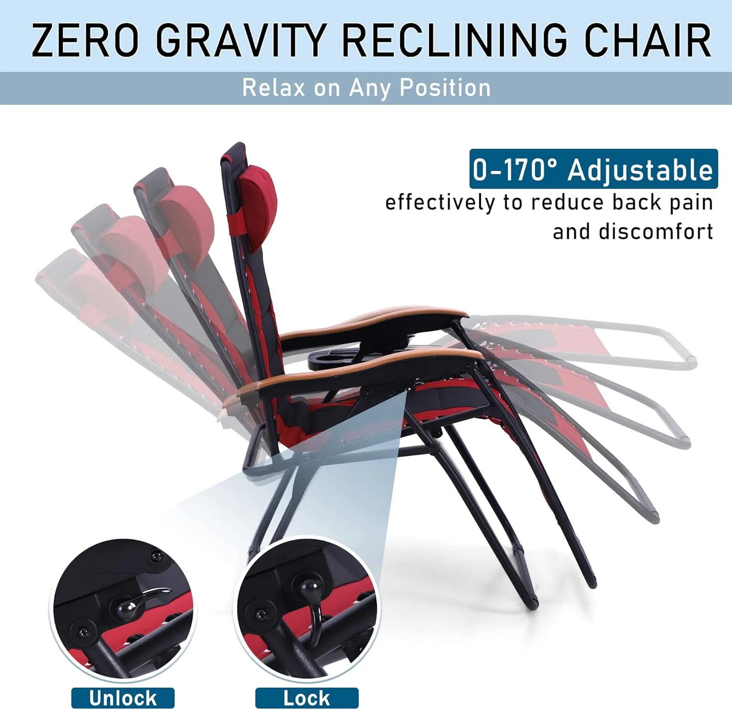 PHI VILLA XXL Oversized Padded Zero Gravity Chair, Foldable Patio Recliner, 30" Wide Seat Anti Gravity Lounger with Cup Holder, Set of 2, Support 400 LBS (Red)