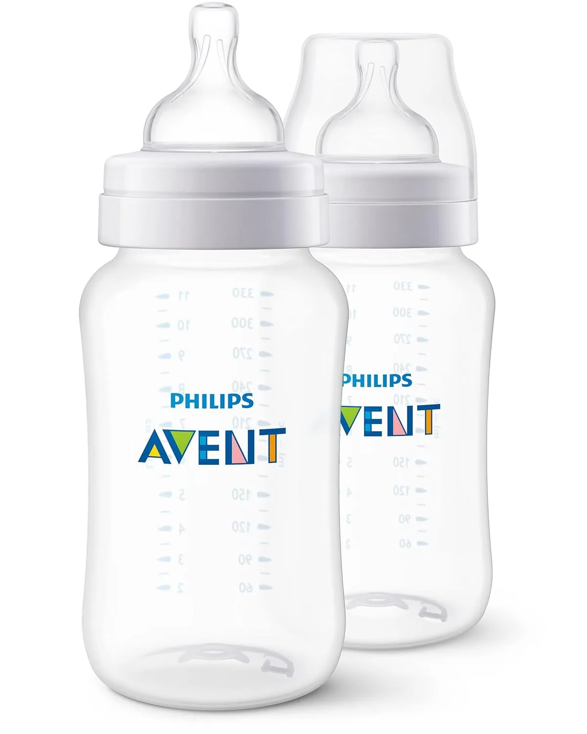 Philips Avent Anti-Colic Baby Bottles, 11oz, with Flow 3 Nipples, 3m , 2pk, Clear, SCY106/02
