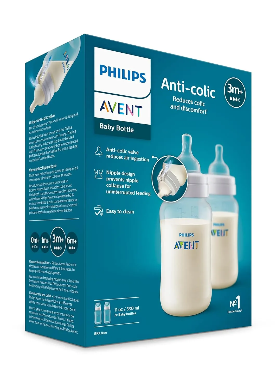Philips Avent Anti-Colic Baby Bottles, 11oz, with Flow 3 Nipples, 3m , 2pk, Clear, SCY106/02