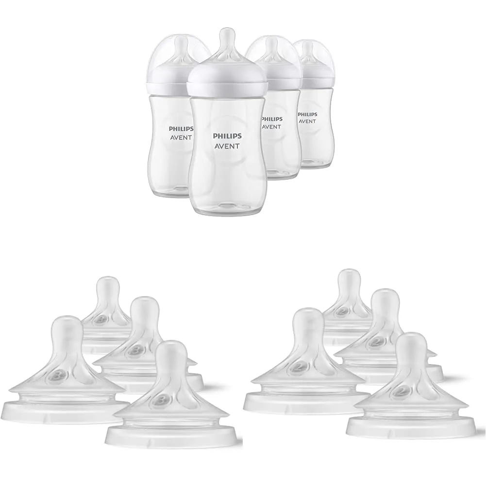 Philips Avent Natural Baby Bottle, 9oz, 4pk, SCY903/04 & Natural Response Baby Bottle Nipples Flow 3, 1M , 4pk, SCY963/04 & Natural Response Baby Bottle Nipples Flow 2, 0M , 4pk, SCY962/04