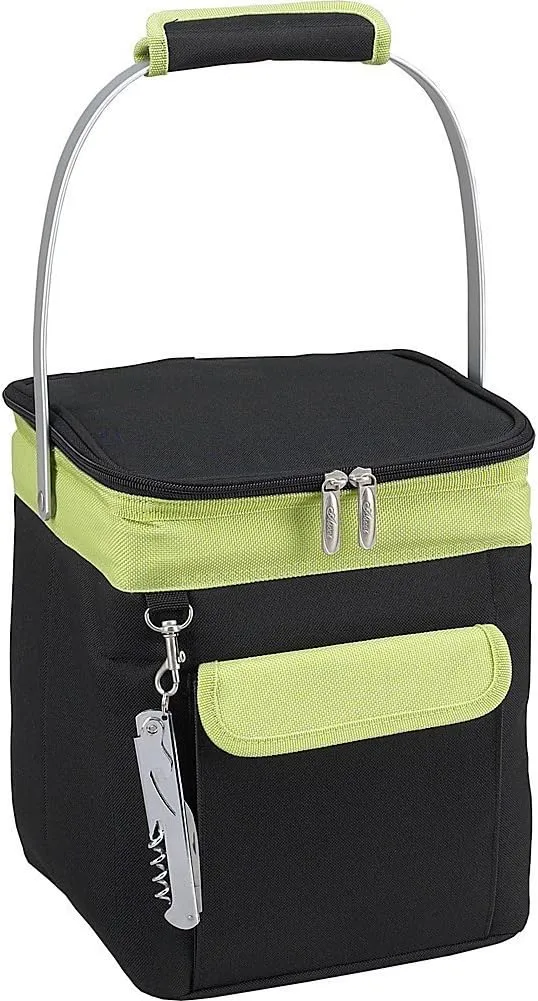 Picnic at Ascot 4 Bottle Insulated Wine Tote- Collapsible Multi Purpose Cooler - Black/Apple