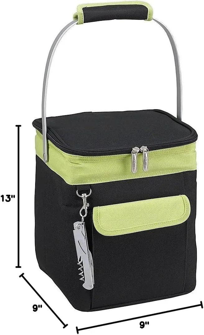 Picnic at Ascot 4 Bottle Insulated Wine Tote- Collapsible Multi Purpose Cooler - Black/Apple