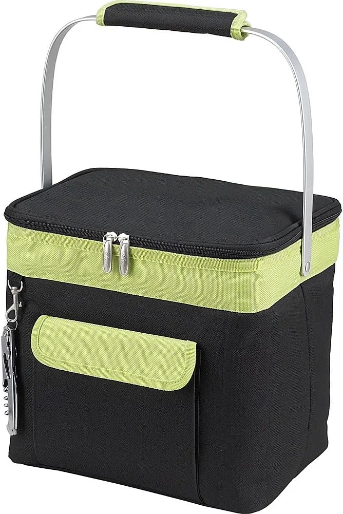 Picnic at Ascot 6 Bottle Insulated Wine Tote- Collapsible Multi Purpose Cooler - Black/Apple