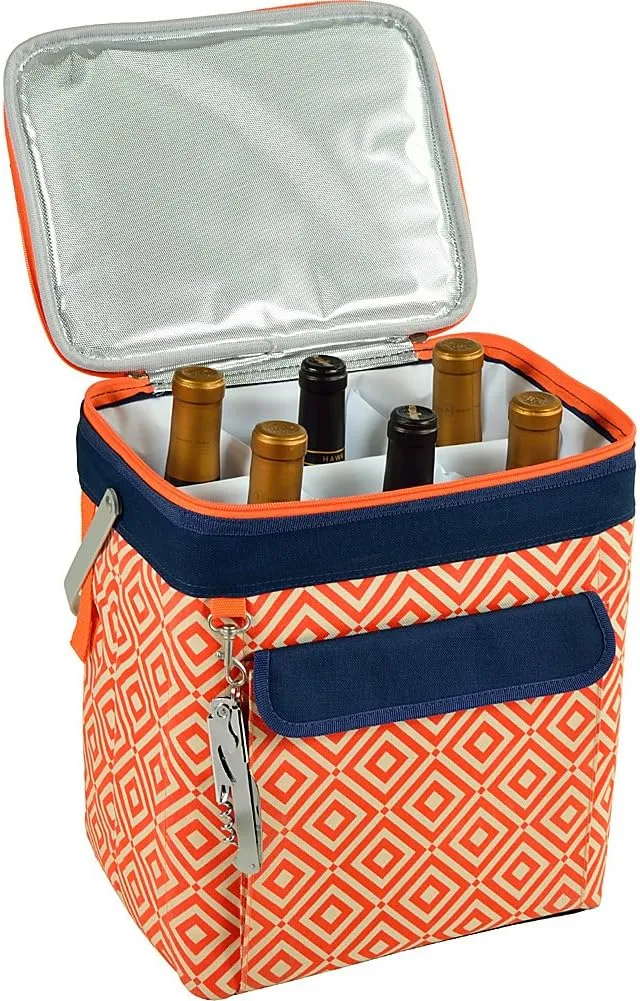 Picnic at Ascot 6 Bottle Insulated Wine Tote- Collapsible Multi Purpose Cooler - Black/Apple
