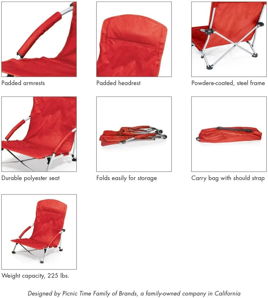 PICNIC TIME NCAA Tranquility Beach Chair with Carry Bag - Low Beach Chair for Adults - Low Lawn Chair