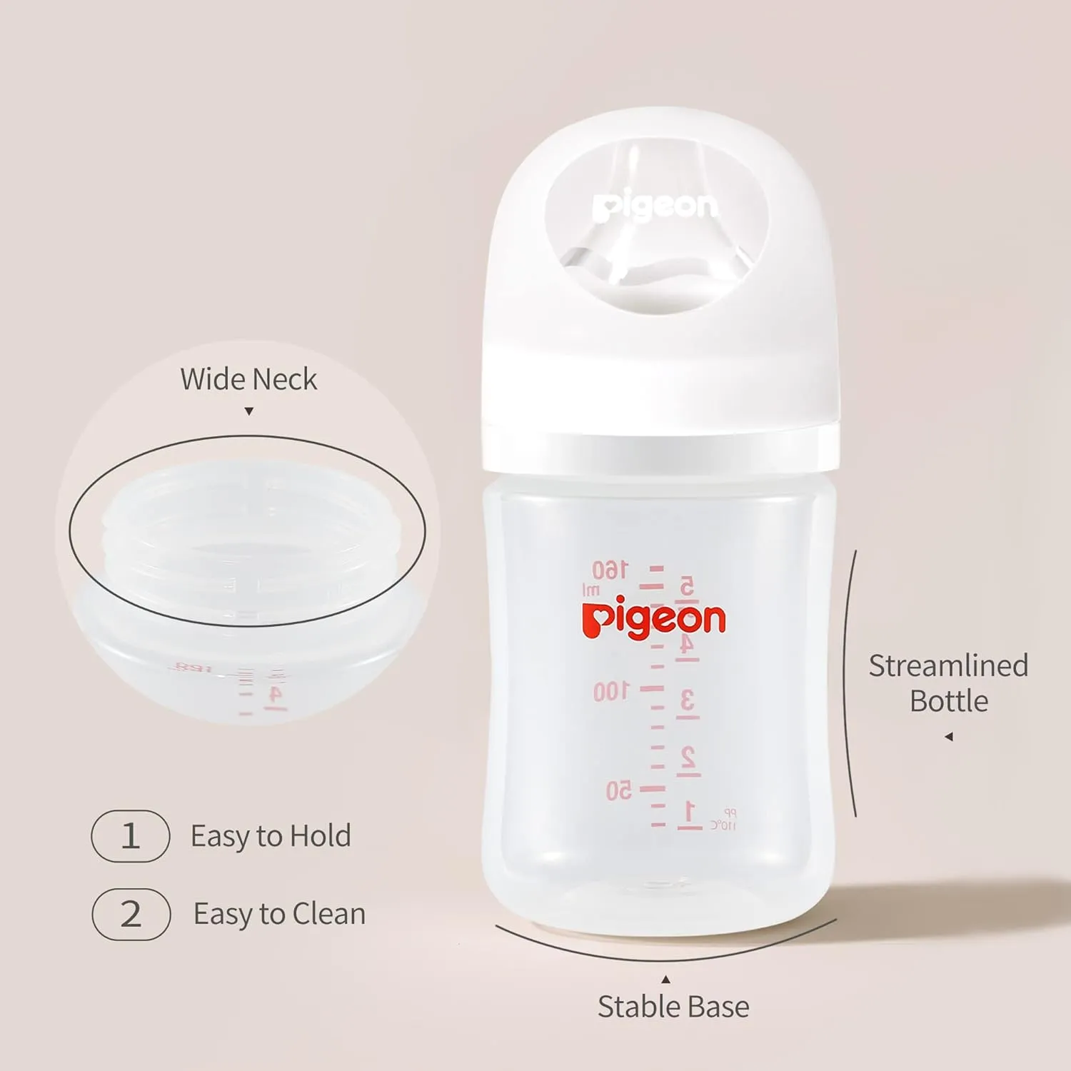 Pigeon PP Nursing Bottle Wide Neck, Anti-Colic, Streamlined Body, Natural Feel, Easy to Clean, 5.4 Oz (Pack of 4), Includes 4pcs SS Nipples (0m )