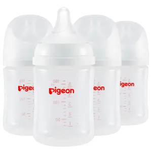 Pigeon PP Nursing Bottle Wide Neck, Anti-Colic, Streamlined Body, Natural Feel, Easy to Clean, 5.4 Oz (Pack of 4), Includes 4pcs SS Nipples (0m )