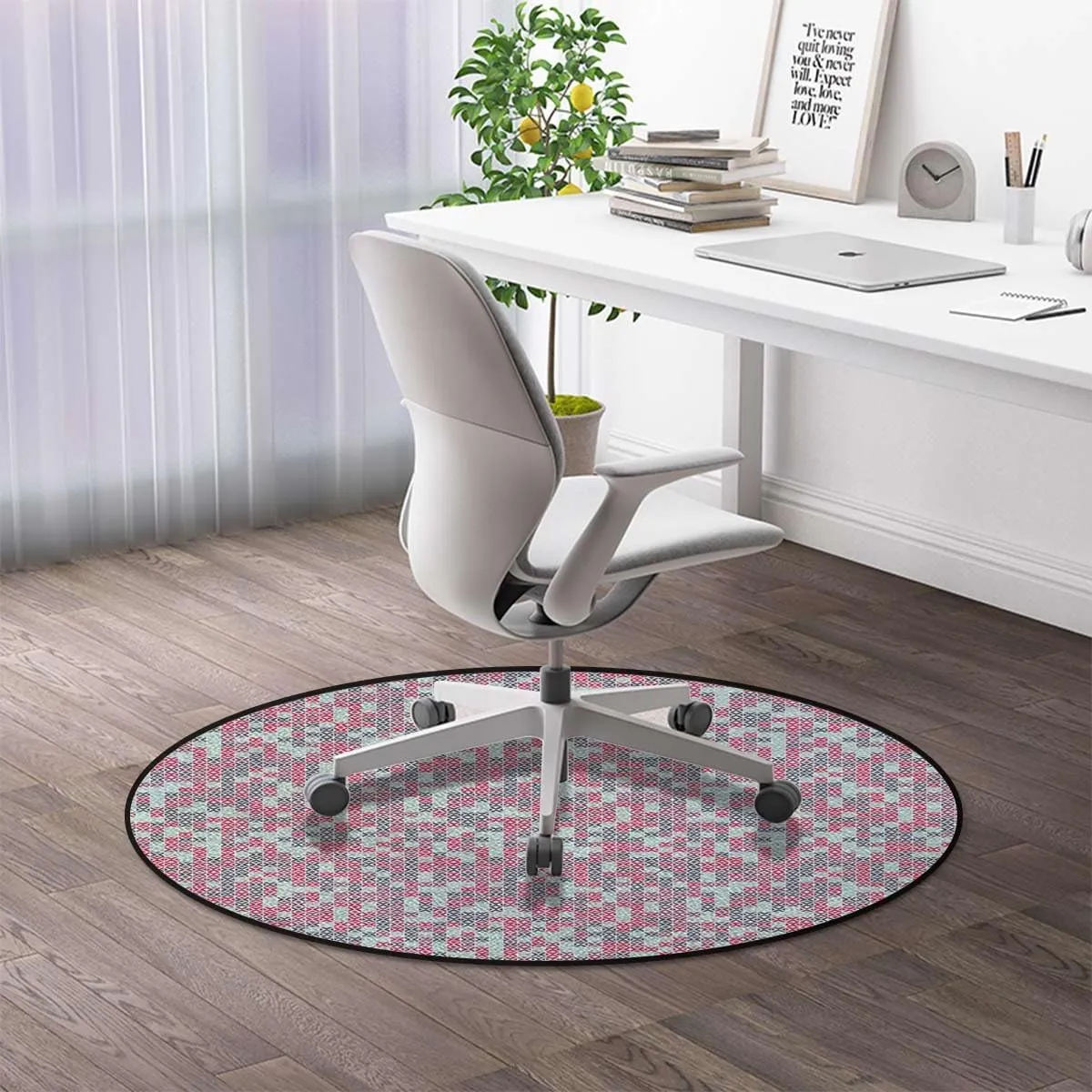 Pink Non-Slip Round Chair Mat for Hardwood Floors & Low Pile Carpets, Abstract Color Triangle and Line Pattern Multi-Purpose Desk Chair Protector, Geometry Diameter 39.4 in