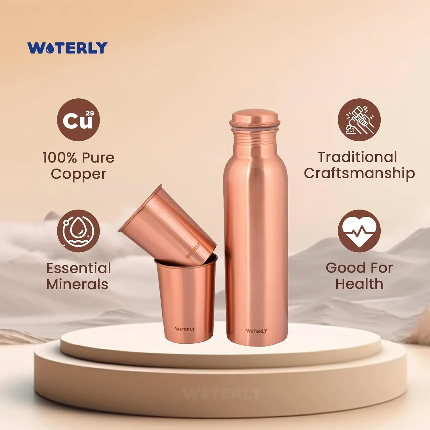 Plain Copper Water Bottle (34 Oz /1000ml) With Set Of 2 Tumbler (10 Oz/300ml Each) | Best use for Office,Gym & gifts |100% Pure Copper Material with Leak proof Quality