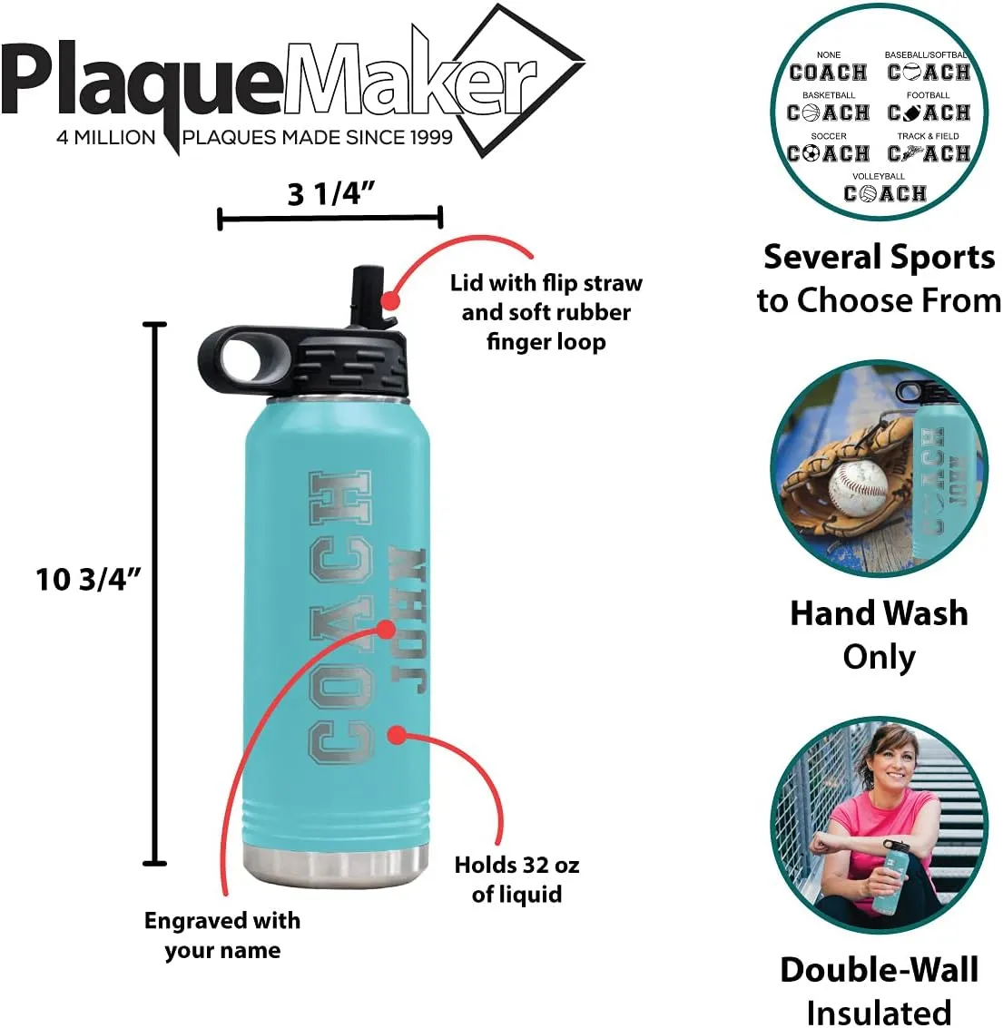 PlaqueMaker Customizable Coach Water Bottle - Include Your Personal Text (Teal)